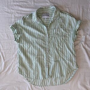 Lola River Green Striped Tencel Button Front Short Sleeve Shirt Top Women Large